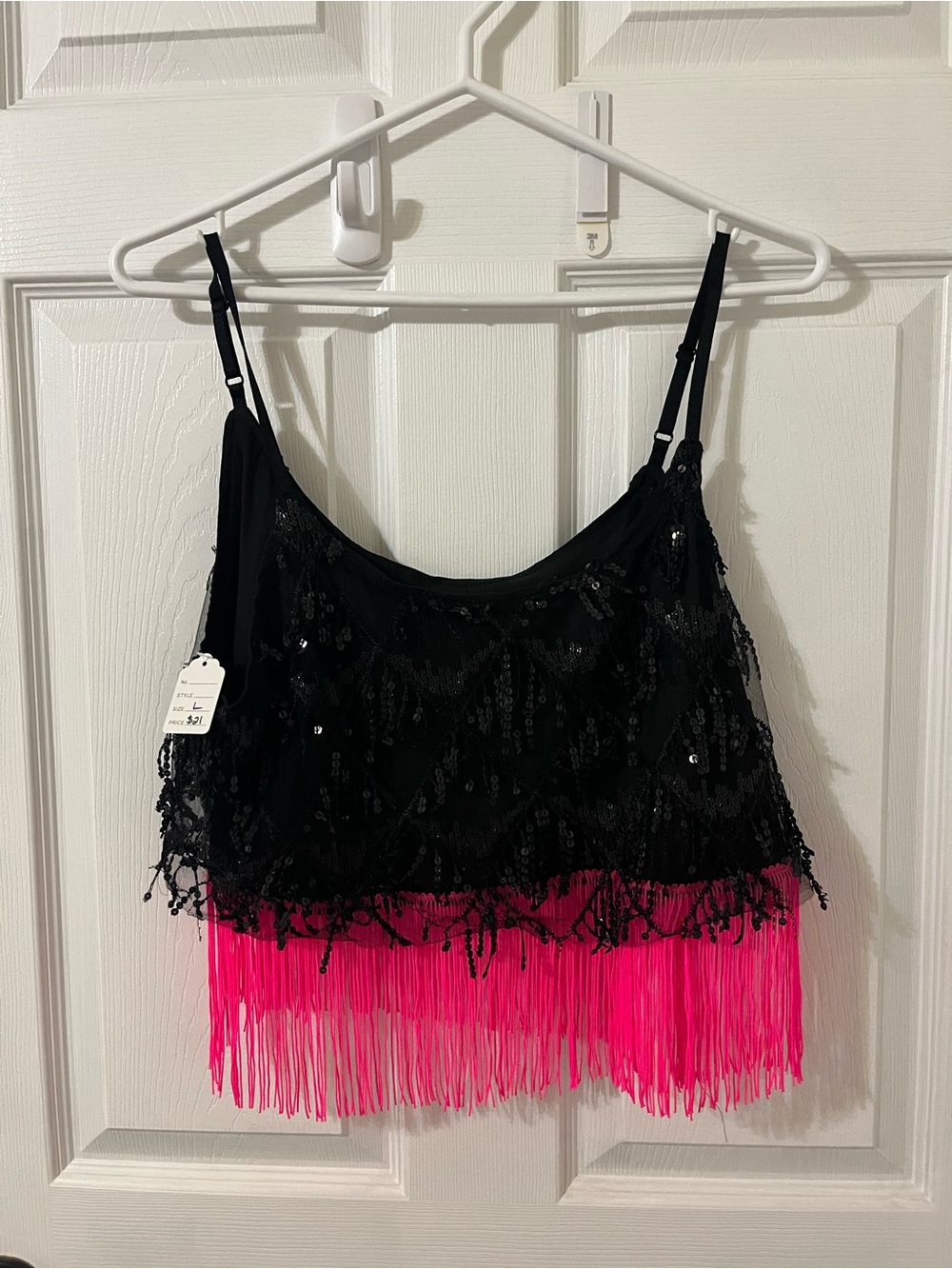 Upcycled Black Sequin & Hot Pink Fringe Women's SHEIN Tank Top Size L